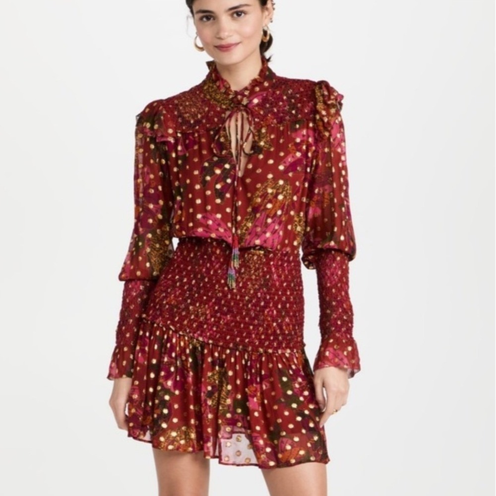 Farm Rio Red Banana Flowers Smocked Mini Dress Burgundy Gold Lurex Dots Womens M